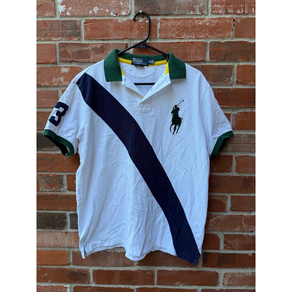 Polo Ralph Lauren Big Pony Diagonal Stripe Polo Shirt White Green Navy XL - Picture 4 of 6